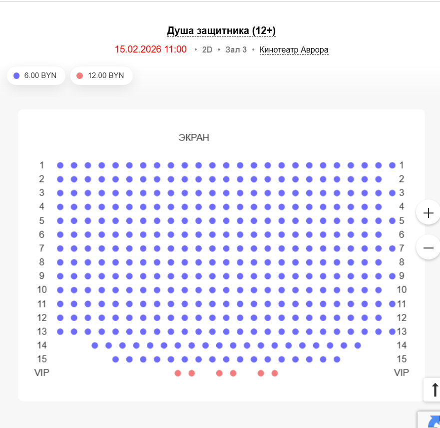 Свободные места на показ фильма "Душа защитника" 15 февраля в кинотеатре "Аврора". Скриншот: bycard.by