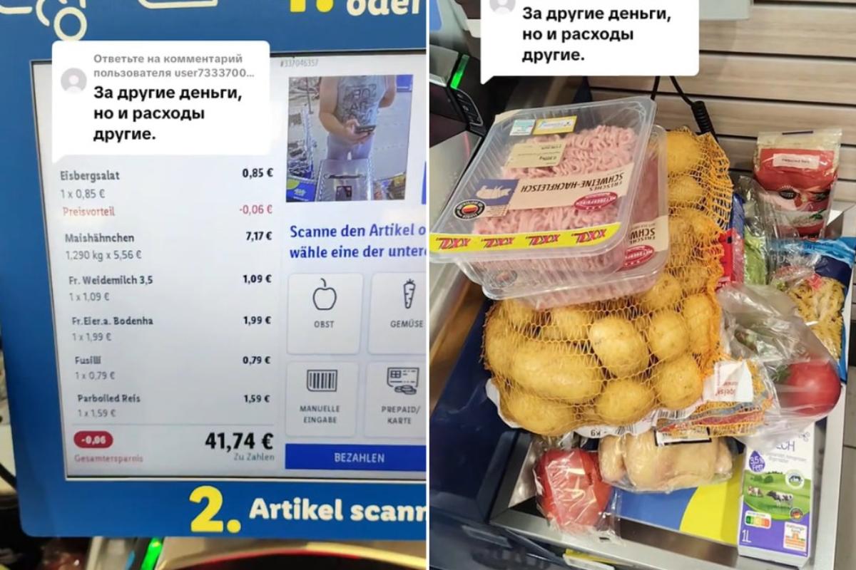 Продукты, которые купил Евгений, и цена без скидки, что он заплатил, Германия, лето 2025-го. Скриншот: видео tiktok.com/@jeniarabota