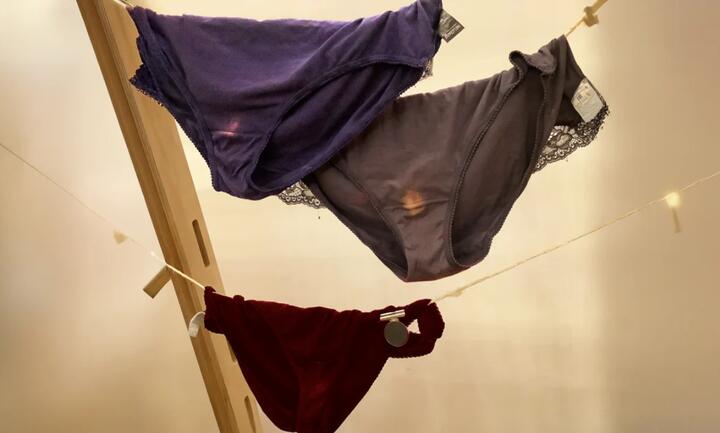 Обесцвеченные пятна на женских трусах. Инсталляция в The Vagina Museum в Лондоне. Фото: bemewoman.com