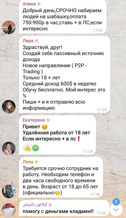 Объявления о работе с криптовалютой. Ноябрь, 2023 год. Фото: скриншот переписки Объявления о работе с криптовалютой. Ноябрь, 2023 год. Фото: скриншот переписки