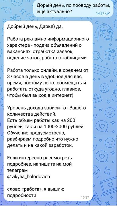 Под долгим рассказом скрывается старый добрый "Орифлейм", как оказалось. Ноябрь, 2023 год. Фото: скриншот переписки