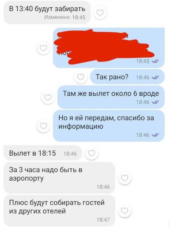Переписка с турагентом. Подчеркивается, что в аэропорту нужно быть за три часа до вылета